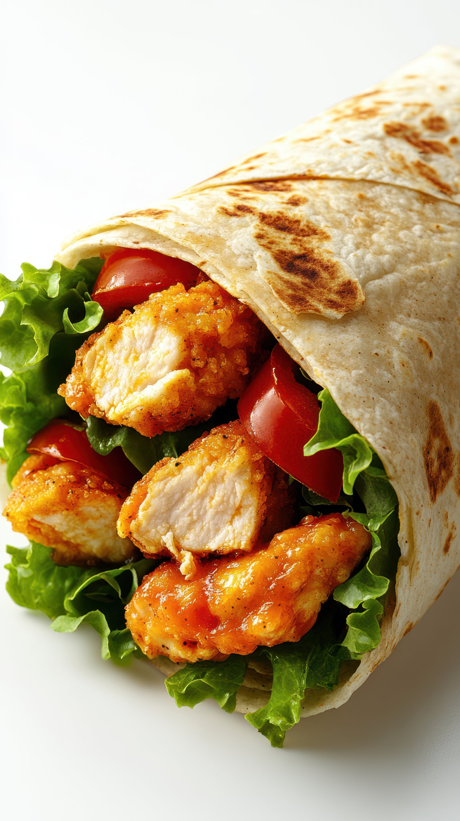 Delicious wrap with crispy chicken, fresh lettuce, and ripe tomatoes ready for lunch or a quick snack